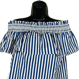 Stradivarius Striped Off Shoulder Blouse Top Sailor Nautical Casual Ruffle - S